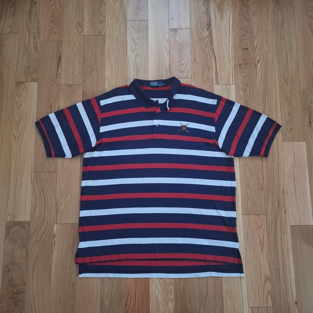 Vintage 90s Polo Ralph Lauren Golf Crest Striped Polo Shirt Mens XXL Navy Red